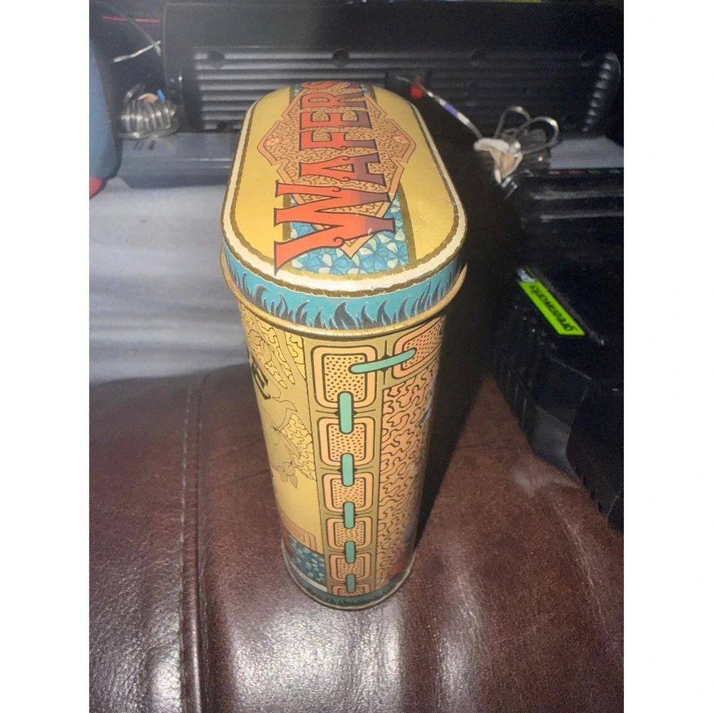 VTG Daher Ginger Wafers Biscuit Tin Metal Container Made in England Gold Teal